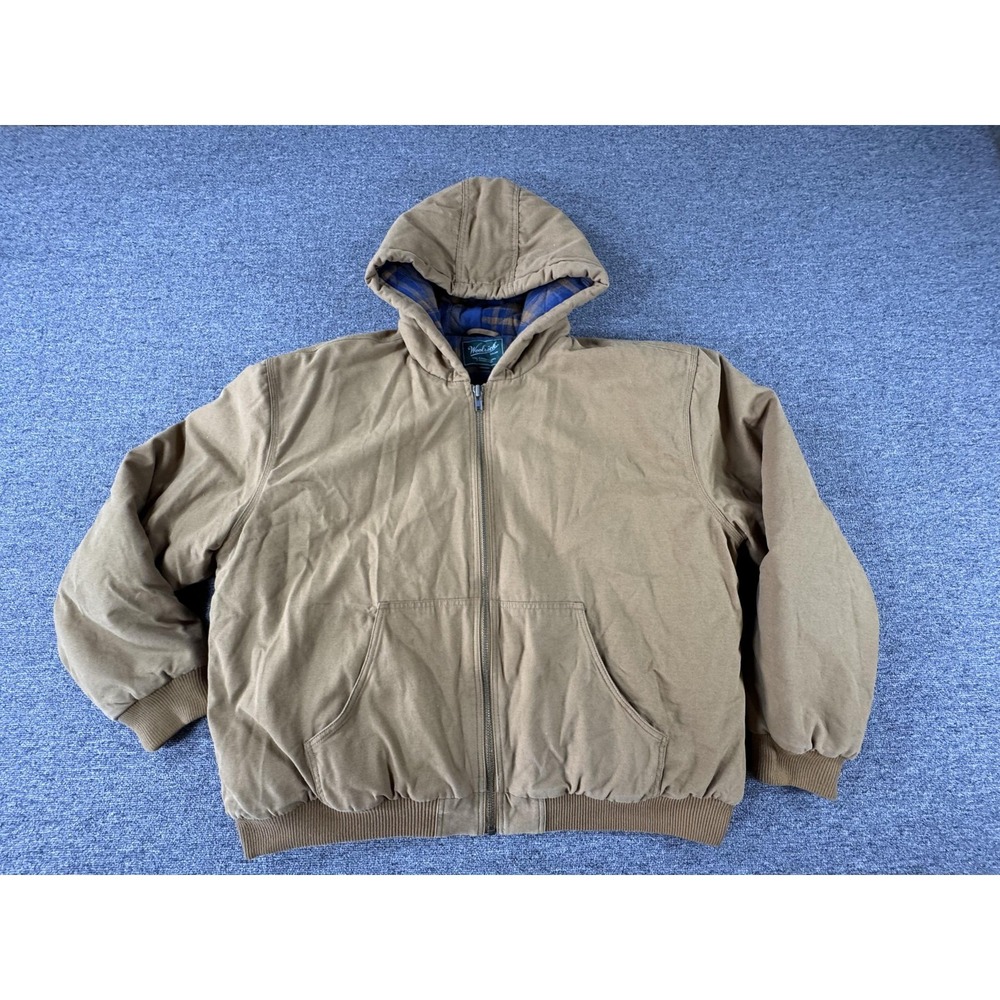 Woolrich Jacket Mens 2XL Brown Hooded Canvas Bomber Flannel Lined Outdoor Chore‎